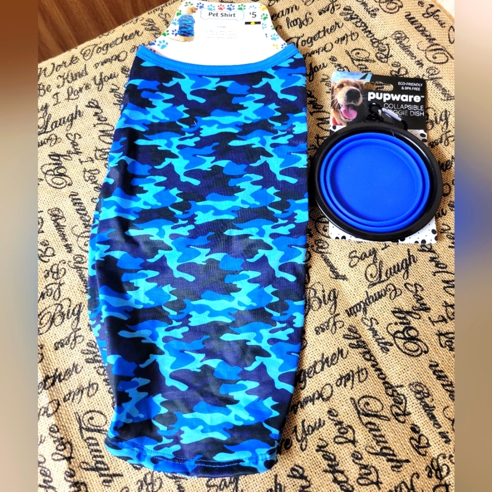 Pupware portable dog dish and large dog shirt-blue/black